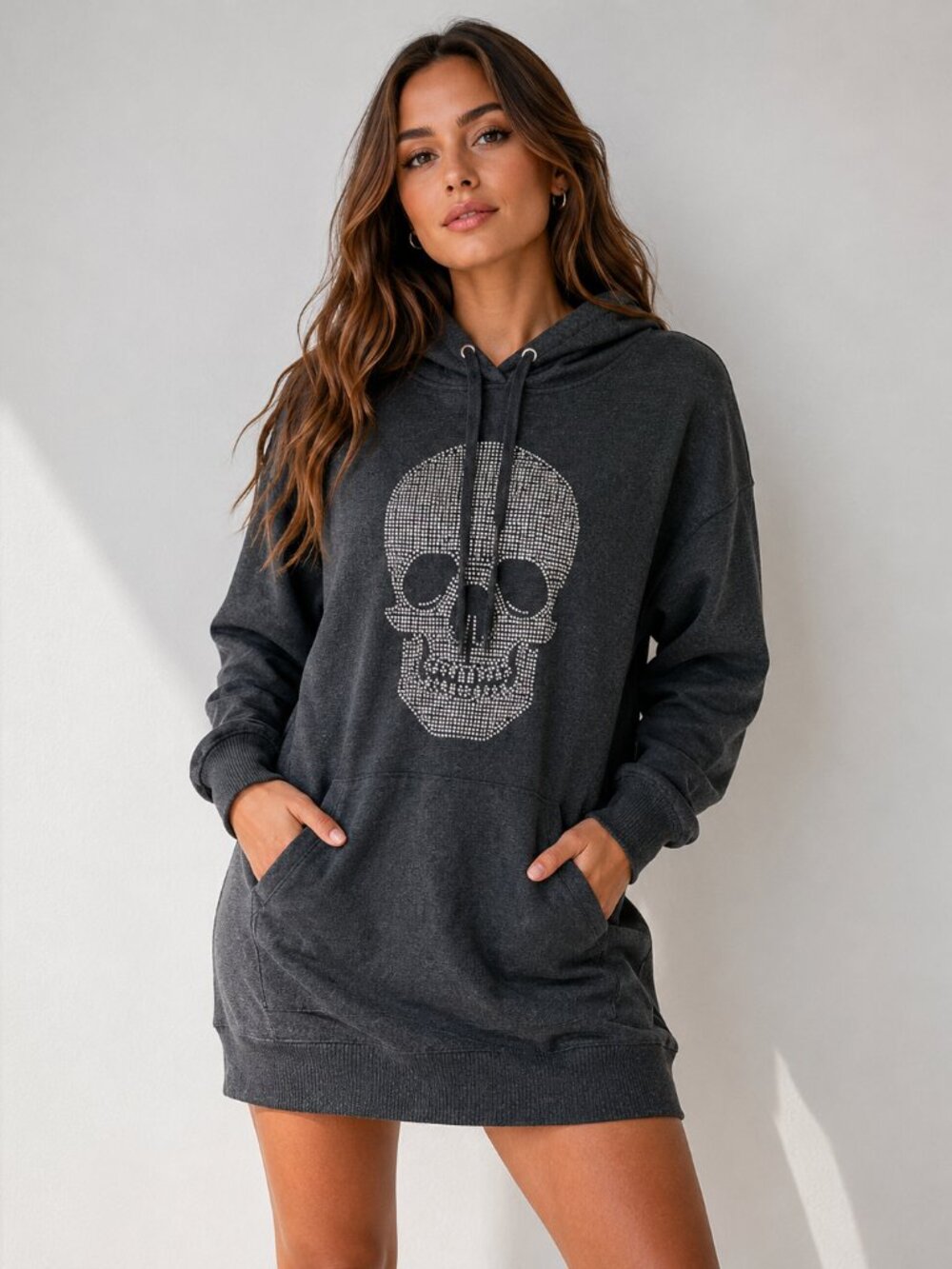 No Boundaries Skull Rhinestone Hoodie Dress Gray M (7–9)